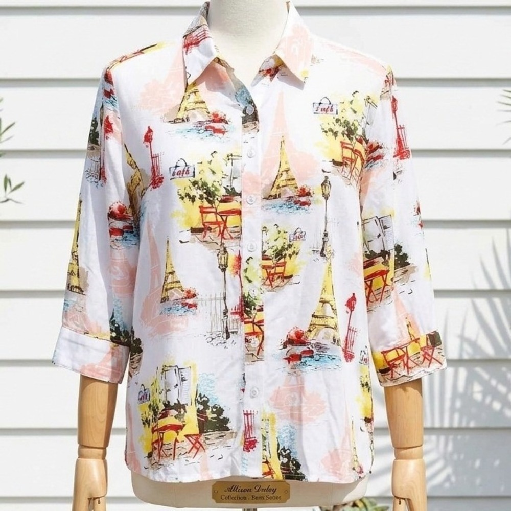 Allison Daley Arsty European Summer‎ Button Up Shirt White Paris Eiffel Tower PM